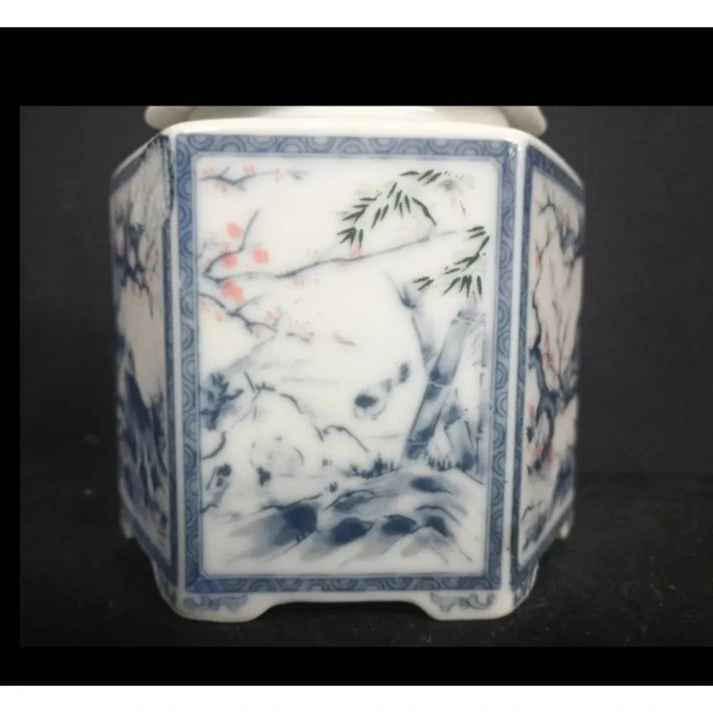 Vintage Hexagon Blue and White Ceramic Sugar and Creamer Set Cherry Blossom